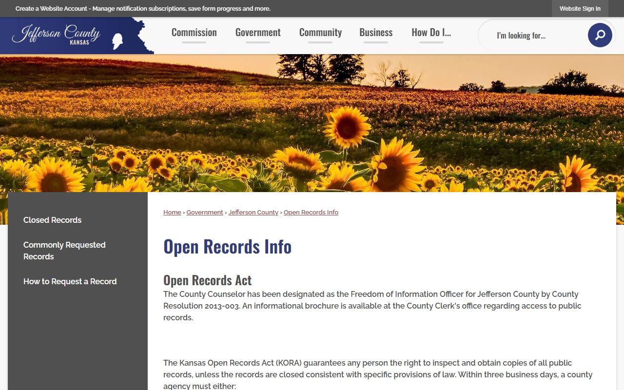 Jefferson County KORA open records page for booking photo requests