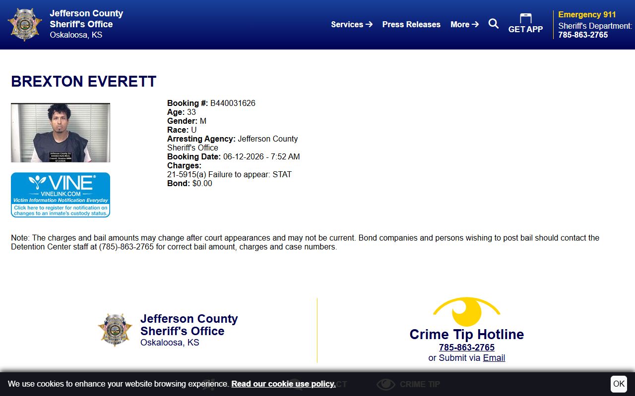 Jefferson County Jail inmate lookup profile with booking photo and charges